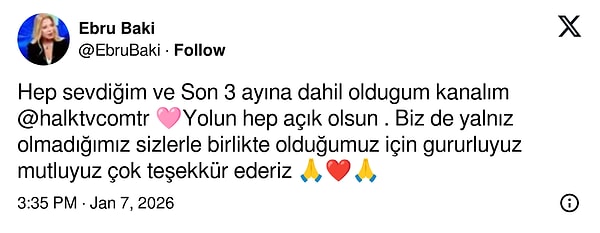 Ebru Baki yaptığı paylaşımla kafaları karıştırdı ve "Ebru Baki Halk TV'den ayrıldı mı?" diye düşündürdü.