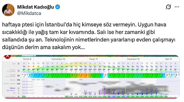 Öte yandan İTÜ Öğretim Üyesi ve Afet Yönetimi Uzmanı Prof. Dr. Mikdat Kadıoğlu, pazartesi günü İstanbul'da beklenen kar yağışıyla ilgili sosyal medya hesabından önemli bir uyarıda bulundu.