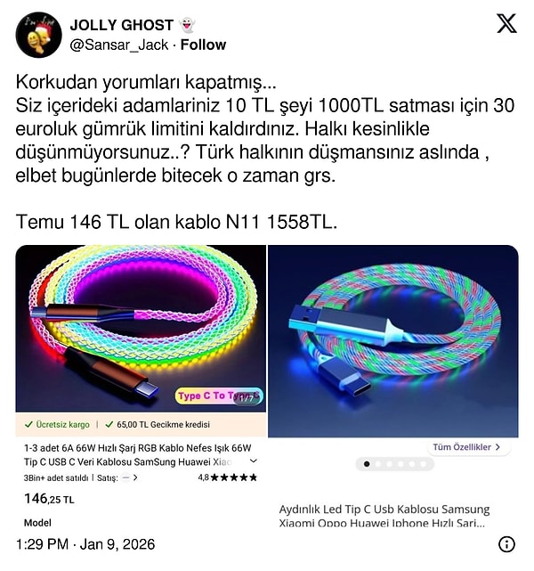 "10 TL şeyi 1000TL satması için 30 euroluk gümrük limitini kaldırdınız."