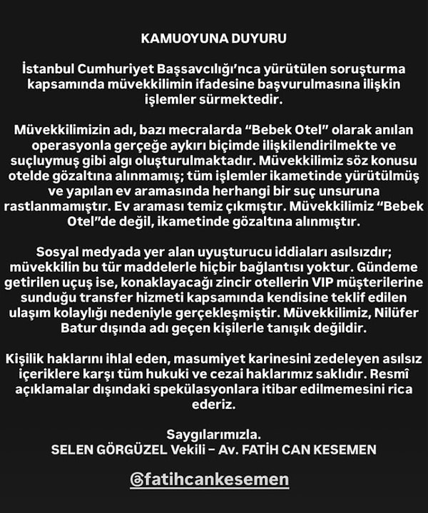 İddialar kısa sürede büyürken, Selen Görgüzel cephesinden ilk açıklama avukatı aracılığıyla geldi.