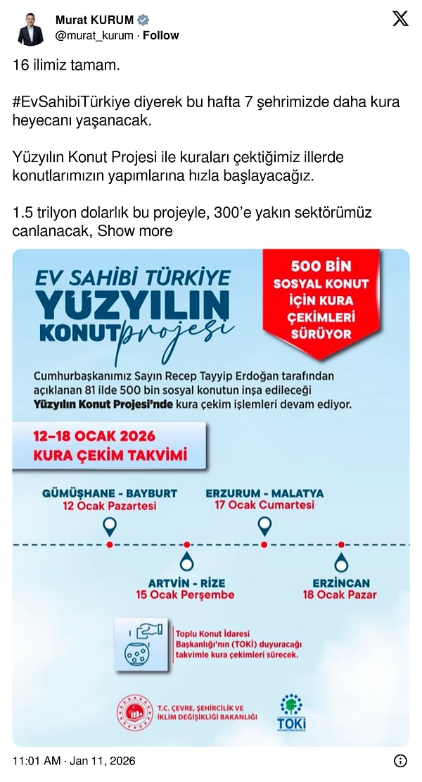 Bakan Kurum'un paylaşımı;