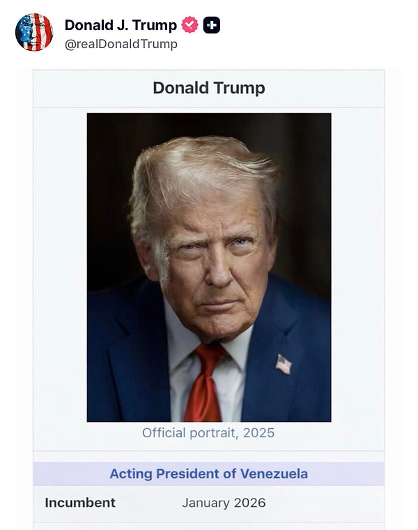 Trump sık sık kullandığı Truth'tan bir Vikipedi maddesi olarak kendi fotoğrafını paylaştı.