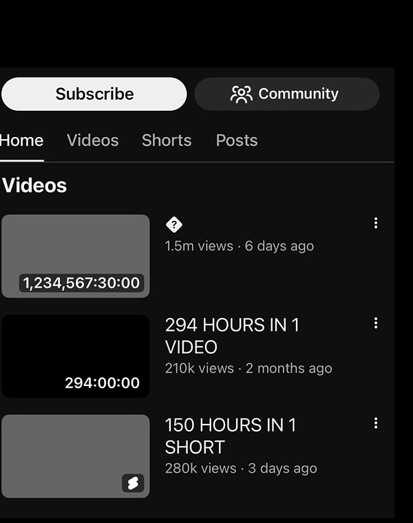 Videonun süresi YouTube kanal sayfasında “1.234.567:30:00” olarak görünüyor.