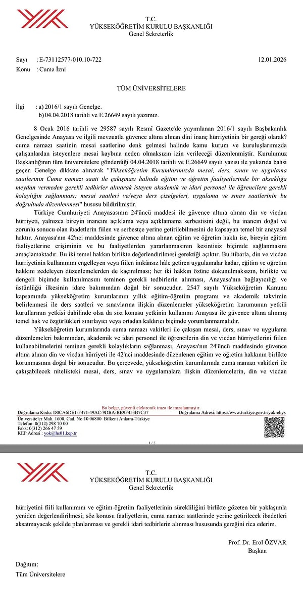 Yükseköğretim Kurulu (YÖK), üniversitelerdeki akademik ve idari işleyişin cuma namazı saatleriyle uyumlu hale getirilmesi için harekete geçti.