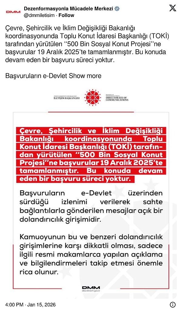 DMM'den sahte e-Devlet linkiyle TOKİ dolandırıcılığına karşı uyarı geldi.