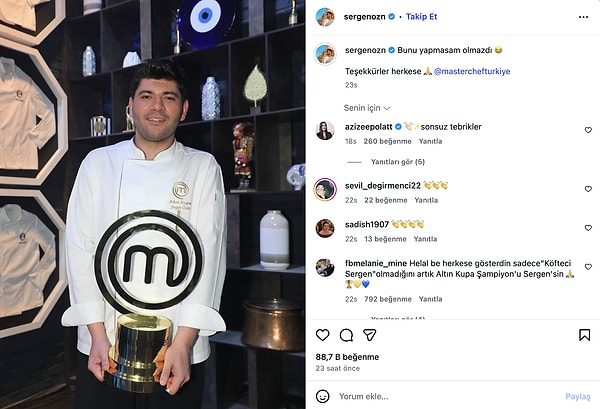 MasterChef Altın Kupa şampiyonu Sergen'den ilk paylaşım geldi.