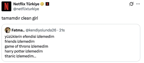 Netflix Türkiye hesabı, @kendiyolunda26 adlı X kullanıcısının paylaşımını tiye aldı.