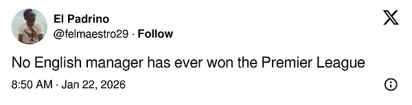 "Hiçbir İngiliz teknik direktör Premier Lig şampiyonluğunu kazanamadı."