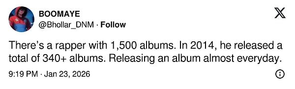 "1500 albümü olan bir rapçi var. 2014 yılında toplamda 340'tan fazla albüm çıkardı. Neredeyse her gün bir albüm yayınlıyor."