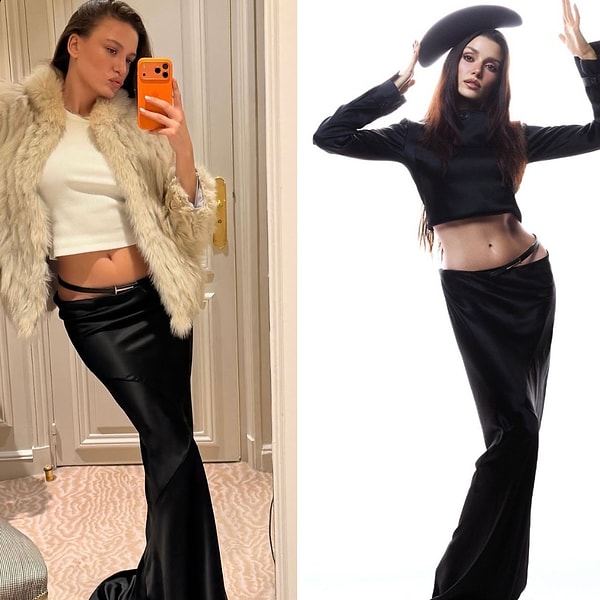 Fakat bu kadarla kalmadı. Serenay Sarıkaya, Paris'ten paylaştığı ayna selfie'sinde de Hande Erçel'in yakın zamanda giydiği eteğin aynısını giydi.