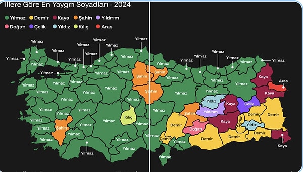 Yılmaz soyadı 70'ten fazla şehirde en popüler soyadı.