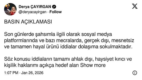 Derya Çayırgan açıklama yaptı. X hesabından basın açıklaması yayımlanan Çayırgan, şunları dedi: