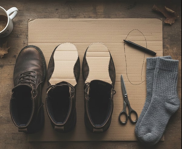 Dondurucu kış soğuklarına karşı ayakkabı içine yerleştirilen oluklu mukavva, düşük maliyetli ve yüksek etkili bir doğal yalıtım bariyeri sağlar.