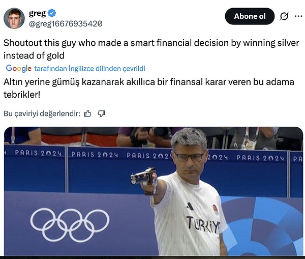 Bir X kullanıcısı da Yusuf Dikeç'i altın madalya yerine gümüş madalya kazandığı için tebrik etti.