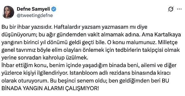 Ünlü isim, iki yıl önce binada çıkan bir yangında büyük bir faciadan dönüldüğünü anlattı.