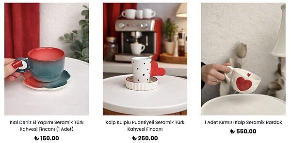 Kahve keyfinizi romantik bir dokunuşla taçlandırın; kalp kulplu seramik fincanlar 250 TL'den başlayan fiyatlarla satışta.