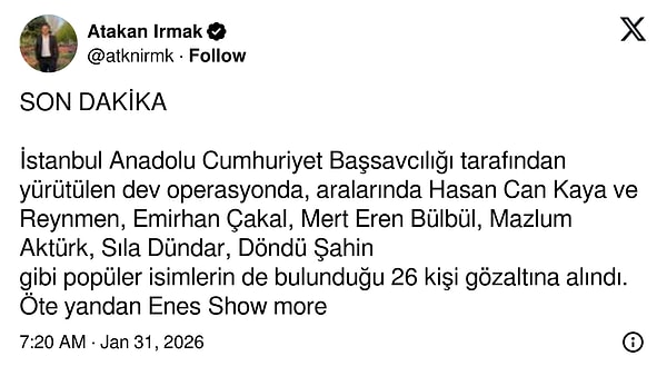 Enes Batur, Barış Murat Yağcı, Çağrı Taner'in aralarında bulunduğu 9 isim hakkında yakalama kararı.