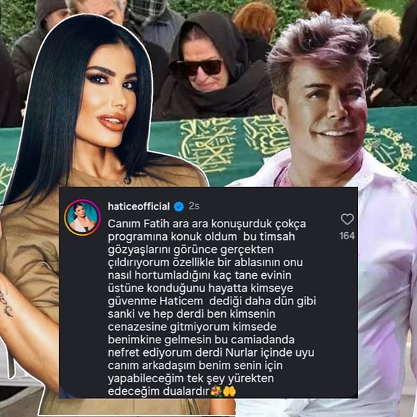 Geçtiğimiz dakikalarda şarkıcı Hatice'den Fatih Ürek'in cenazede ağlayan ablalarına çok sert bir çıkış geldi.