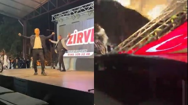Sahnede zeybek oynayan belediye başkanı faciadan kıl payı kurtuldu.