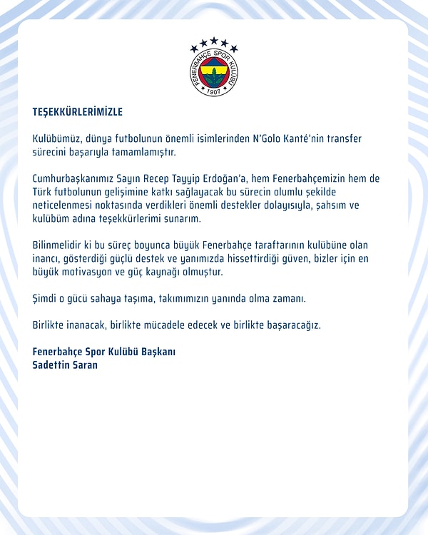 Fenerbahçe Kulübü transferin tamamlanmasının ardından resmi hesabından Cumhurbaşkanı Erdoğan’a şu şekilde teşekkür etti: