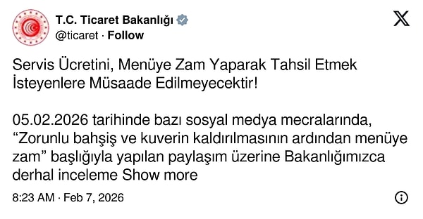 Ticaret Bakanlığı'ndan servis ücreti açıklaması.