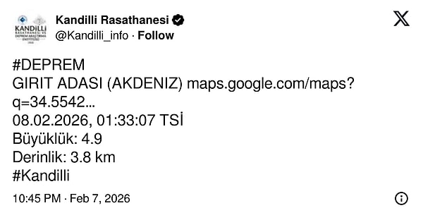 Kandilli Rasathanesi’nin paylaşımı 👇