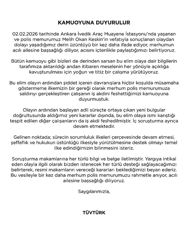 Olayın yaşandığı muayene istasyonunun sahibi TÜVTÜRK’ten de açıklama geldi.