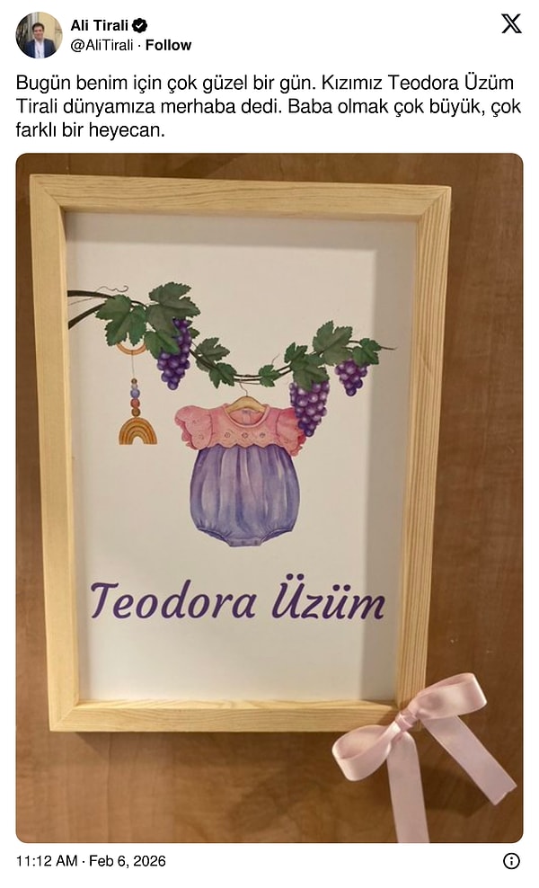 Ali Tirali isimli taze baba, dünyaya gelen minik kızının haberini büyük bir heyecanla paylaştı.