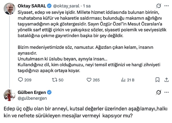 Gülben Ergen, "Siyaset, edep ve seviye işidir." diyen Oktay Saral'a, edep üzerinden cevap verdi.