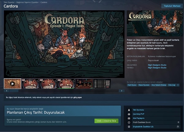 Ücretsiz destek olmak için de bir yol var. Cardora’yı Steam’den istek listenize ekleyebilirsiniz: