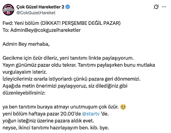 Çok Güzel Hareketler 2'nin yayın günü pazar akşamı olarak değiştirildi.