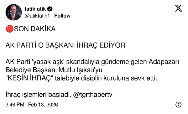 Fatih Atik'in paylaşımı şöyleydi: