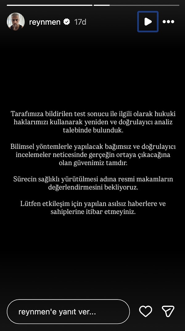 Reynmen pozitif çıkan test sonucu sonrası açıklamada bulundu.