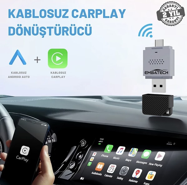 Embatech 2in1 adaptörle aracınızda kablo kalabalığına son verin ve kablosuz CarPlay/Android Auto keyfini yaşayın!