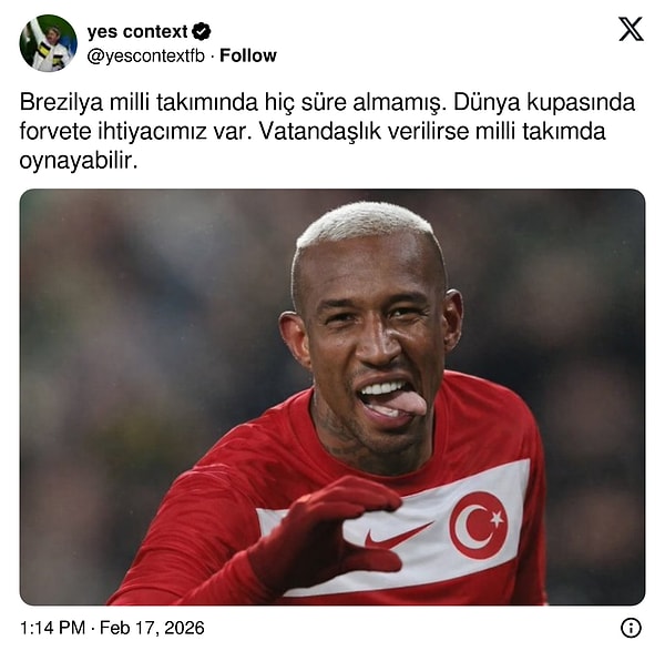 Bir X hesabı Talisca'nın milli takımda süre alamamasını gerekçe göstererek bir öneride bulundu.