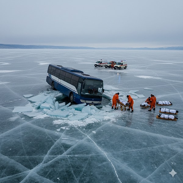 Tur otobüsü dünyanın en derin gölüne düştü.