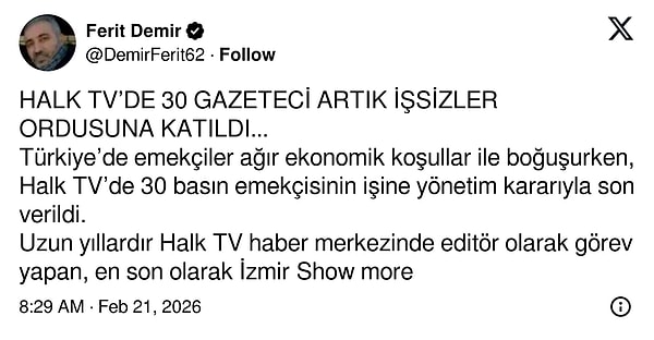 Halk TV'de 30 kişi işten çıkarıldı.