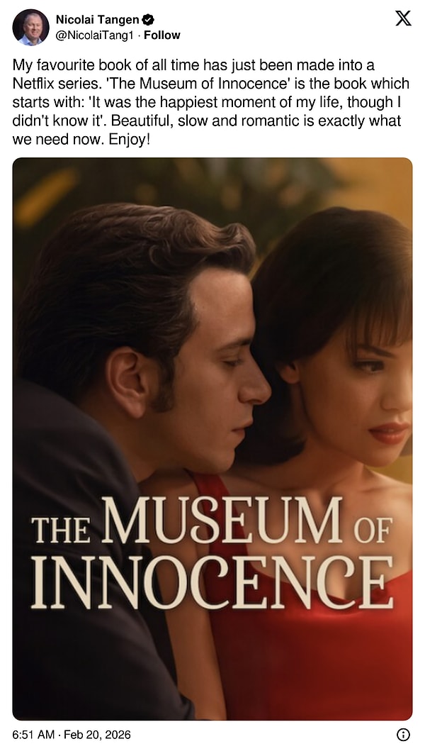 In a post shared via X (formerly known as Twitter), Nicolai Tangen expressed his admiration for both the novel and its TV adaptation with these words: