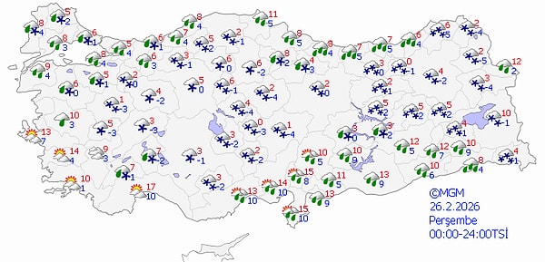 Meteoroloji Genel Müdürlüğü’nün paylaştığı 26 Şubat Perşembe günü beklenen hava durumu verileri