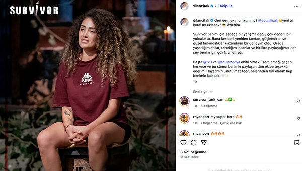 İşte Dilan Çıtak'ın Survivor hakkında yaptığı paylaşım: