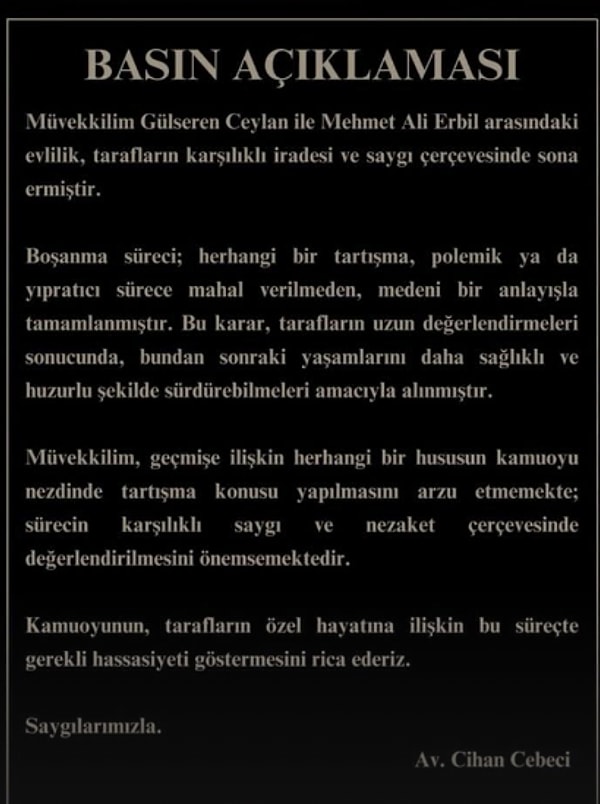 Boşanmanın ardından sessizlik sürerken, Gülseren Ceylan’ın avukatı Cihan Cebeci imzasıyla kamuoyuna bir açıklama yapıldı.