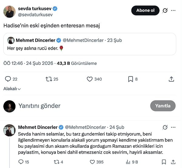 Mehmet Dinçerler ise konuya ilişkin açıklama yaparak Sevda Türküsev’e doğrudan yanıt verdi.