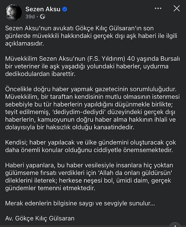 Az önce Sezen Aksu'dan yeni aşk dedikodularıyla ilgili açıklama geldi.