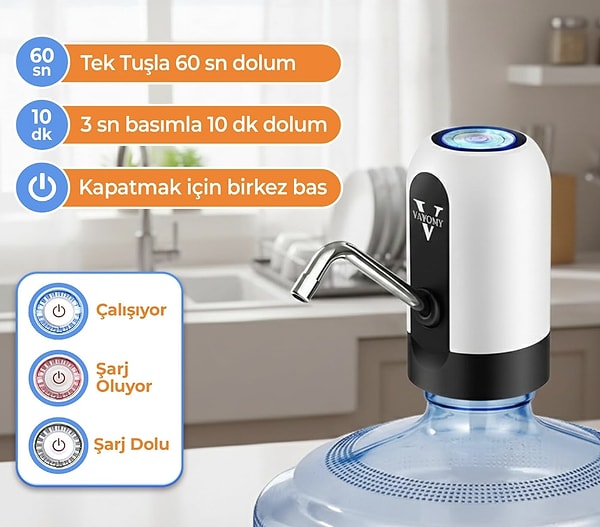 Tek dokunuşla suyunuz hazır: Vayomy şarjlı otomatik damacana pompası!