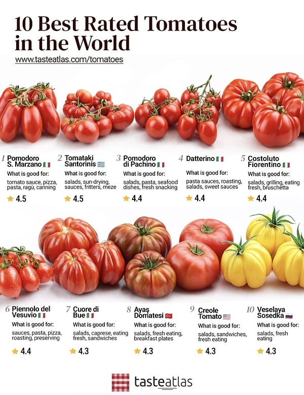 TasteAtlas kullanıcılarının puanlarıyla belirlenen "Dünyanın En İyi 10 Domatesi" listesi yayınlandı.