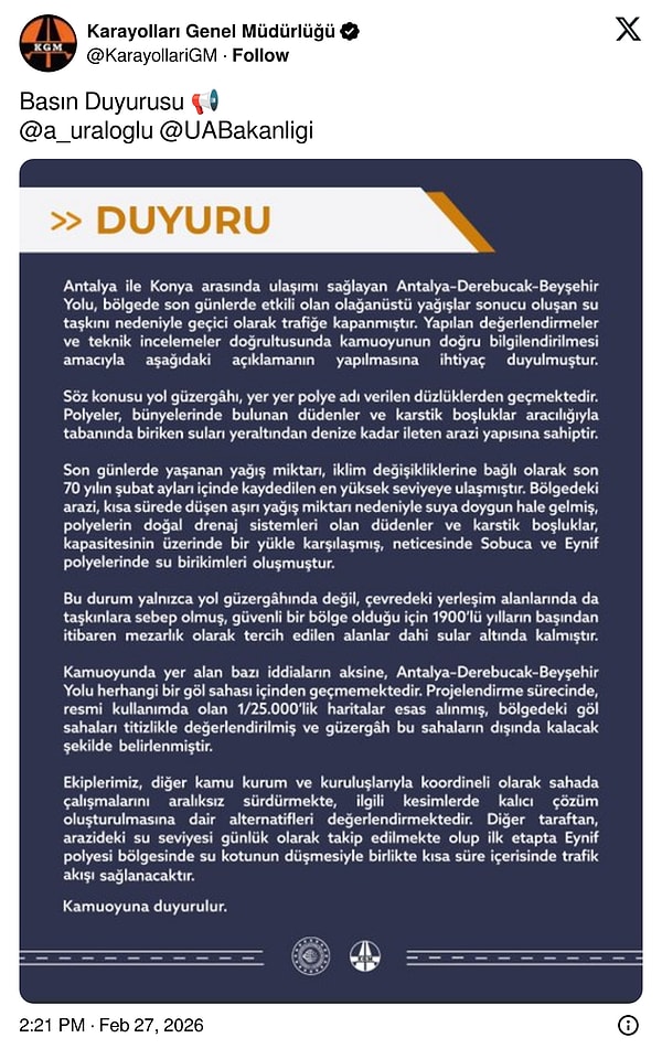 Antalya-Konya yolu göl üzerine mi yapıldı?