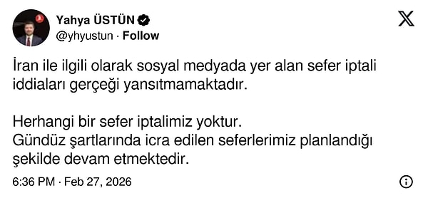 THY'den İran seferleri açıklaması.