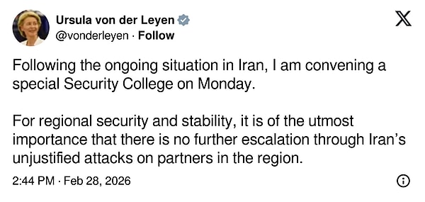 Bütün dünya Orta Doğu'daki savaşı konuşurken, Avrupa Komisyonu Başkanı Ursula von der Leyen X (Twitter) üzerinden ilginç bir paylaşım yaptı.