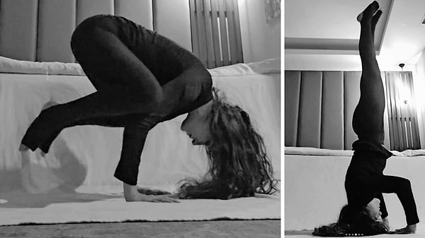 Paylaşımlarında ileri seviye ters duruş pozlarına yer veren oyuncu, özellikle başının üzerinde dengede durduğu kareyle büyük ilgi gördü.