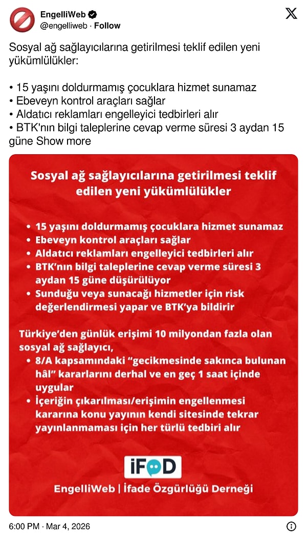 Engelli Web isimli X hesabı da yeni kanun teklifinde sosyal medya hesapları için hangi maddelerin yer aldığını paylaştı.
